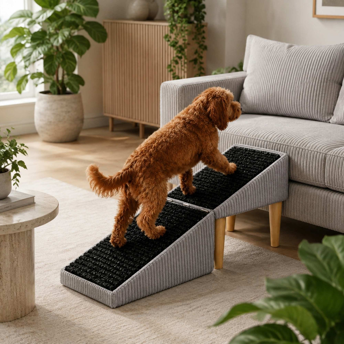 Foldable 2-in-1 Dog Ramp with Pouf Function – Soft, Non-Slip and Furniture-Inspired