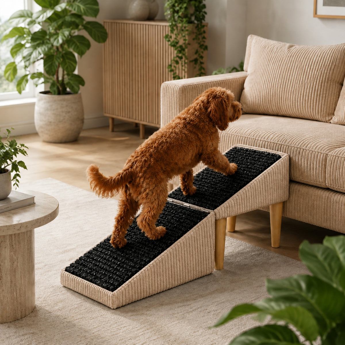 Foldable 2-in-1 Dog Ramp with Pouf Function – Soft, Non-Slip and Furniture-Inspired