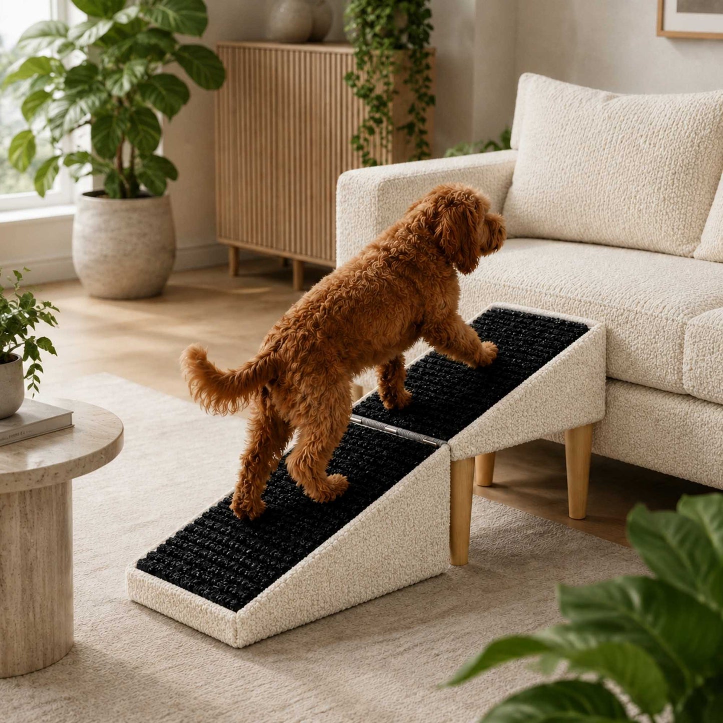 Foldable 2-in-1 Dog Ramp with Pouf Function – Soft, Non-Slip and Furniture-Inspired