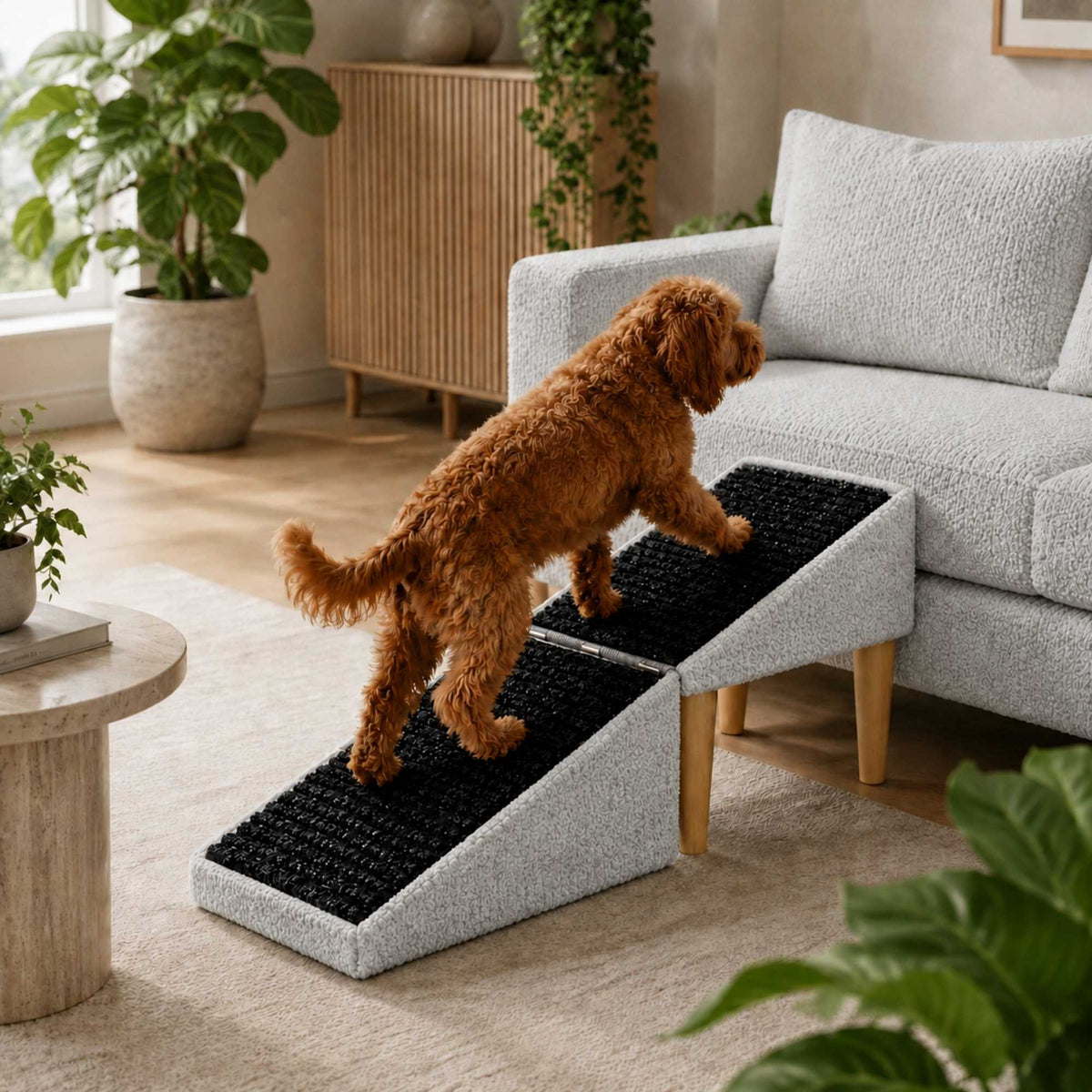 Foldable 2-in-1 Dog Ramp with Pouf Function – Soft, Non-Slip and Furniture-Inspired