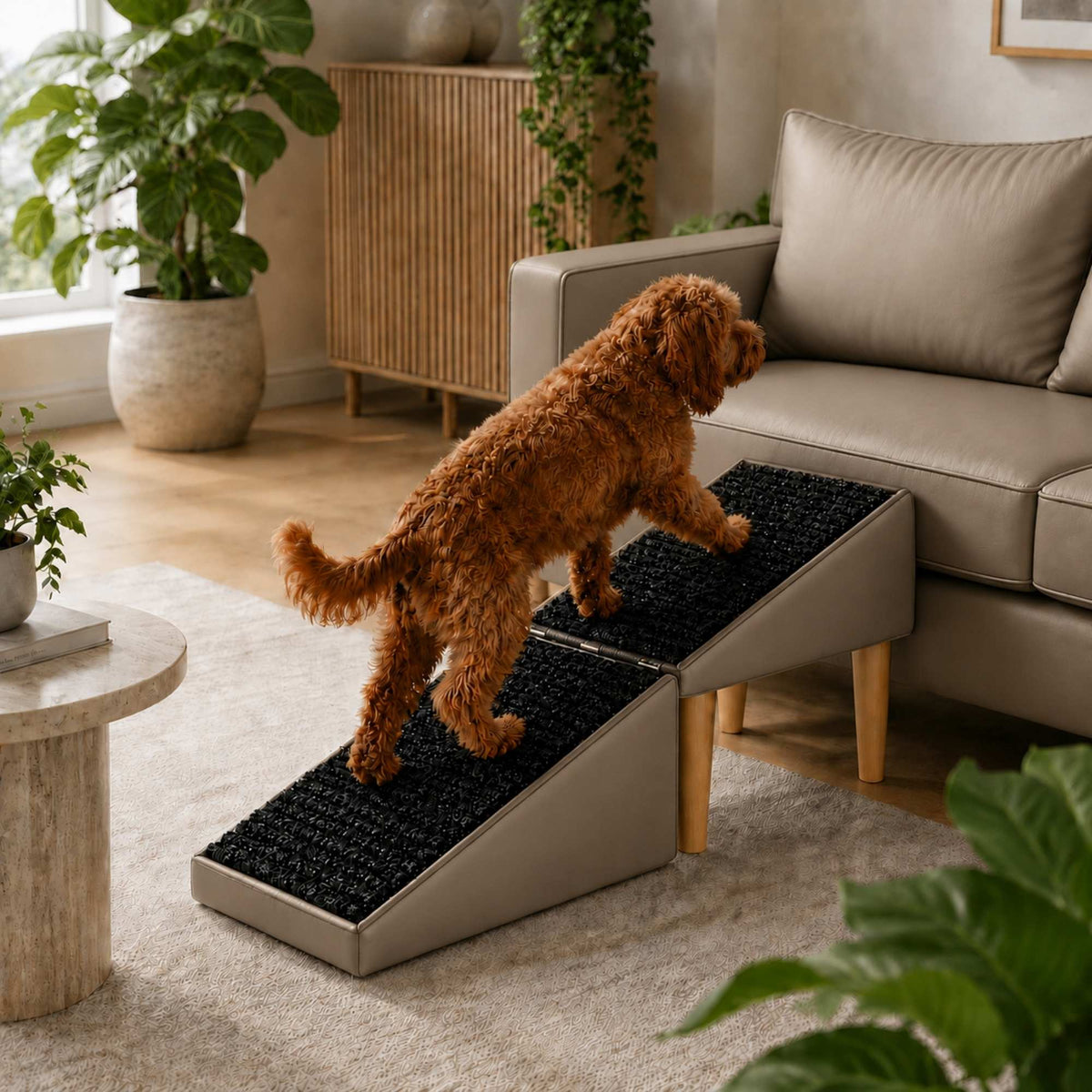 Foldable 2-in-1 Dog Ramp with Pouf Function – Soft, Non-Slip and Furniture-Inspired
