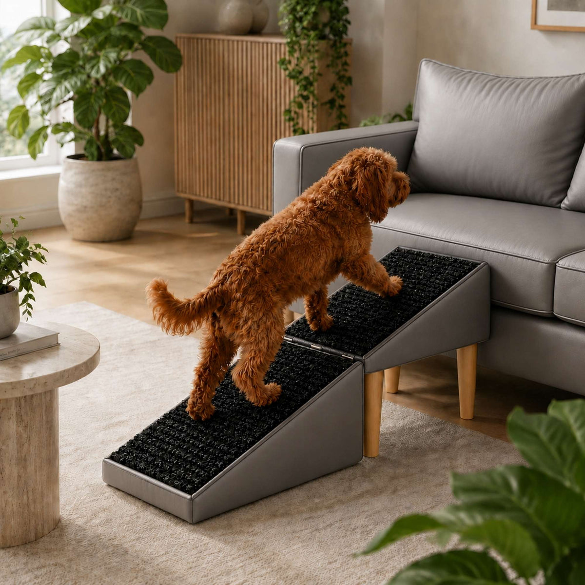 Foldable 2-in-1 Dog Ramp with Pouf Function – Soft, Non-Slip and Furniture-Inspired