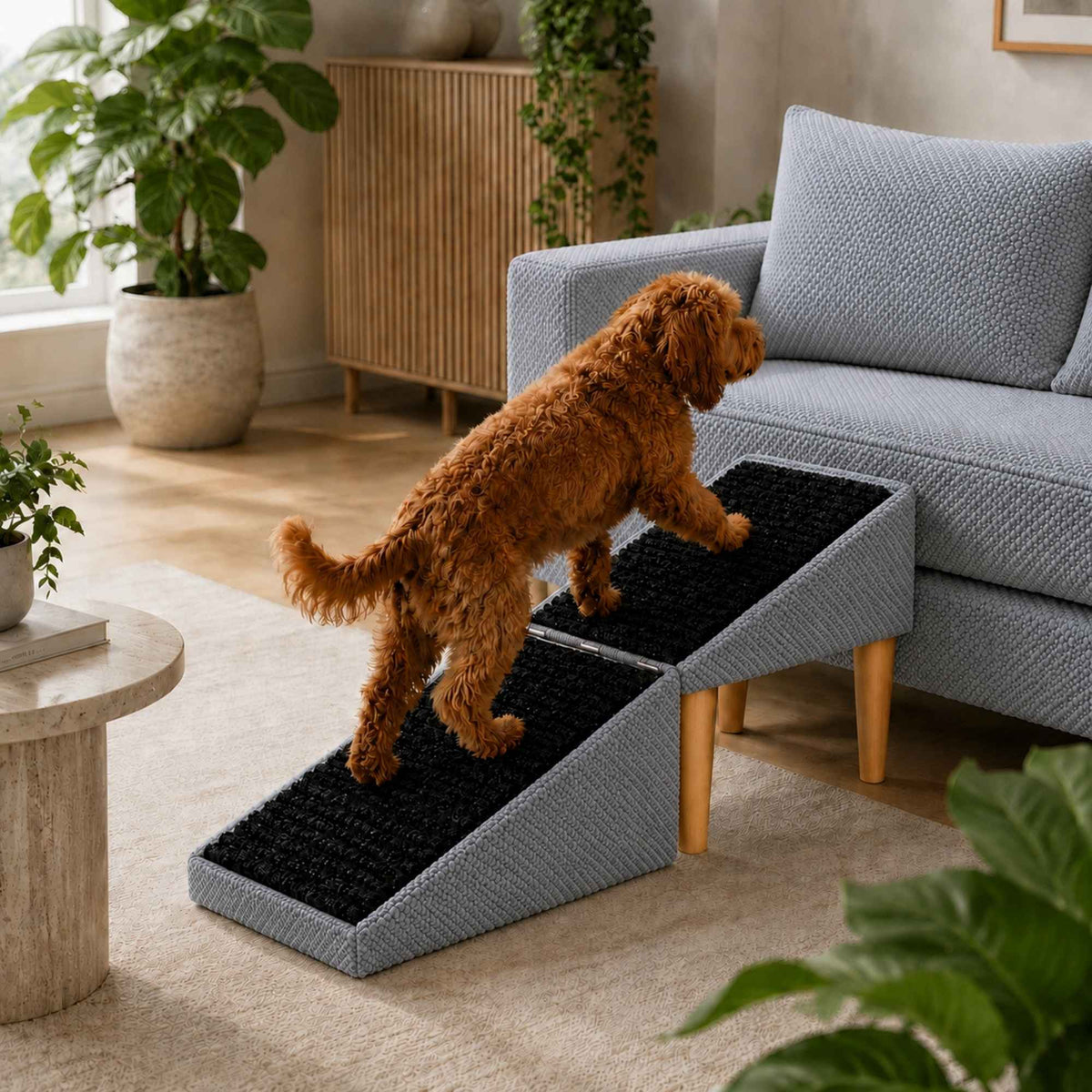 Foldable 2-in-1 Dog Ramp with Pouf Function – Soft, Non-Slip and Furniture-Inspired