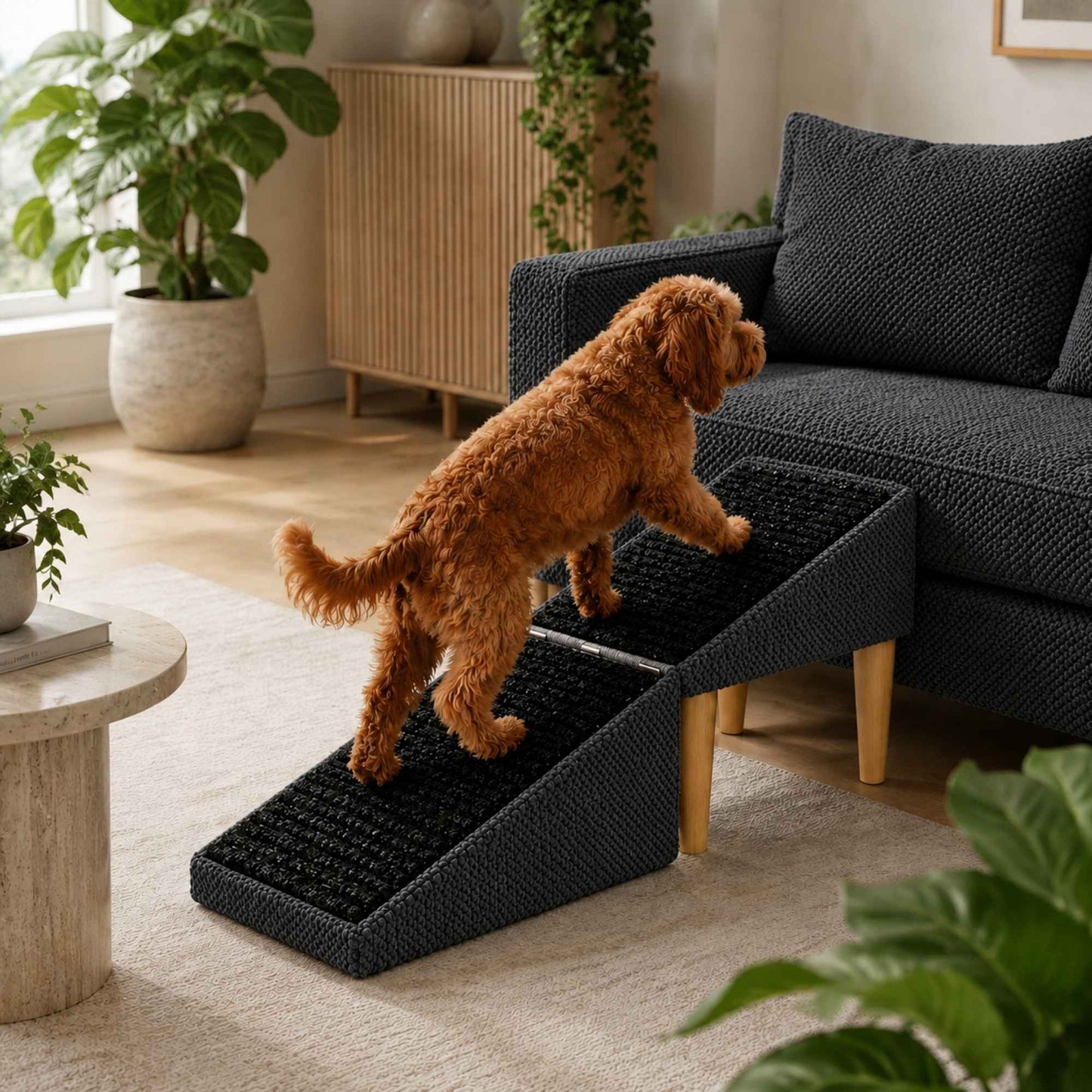 Foldable 2-in-1 Dog Ramp with Pouf Function – Soft, Non-Slip and Furniture-Inspired