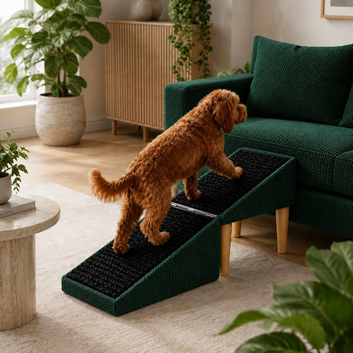 Foldable 2-in-1 Dog Ramp with Pouf Function – Soft, Non-Slip and Furniture-Inspired