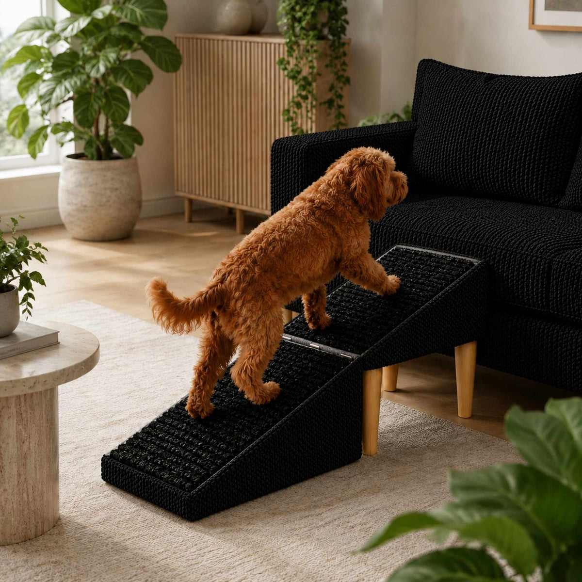 Foldable 2-in-1 Dog Ramp with Pouf Function – Soft, Non-Slip and Furniture-Inspired