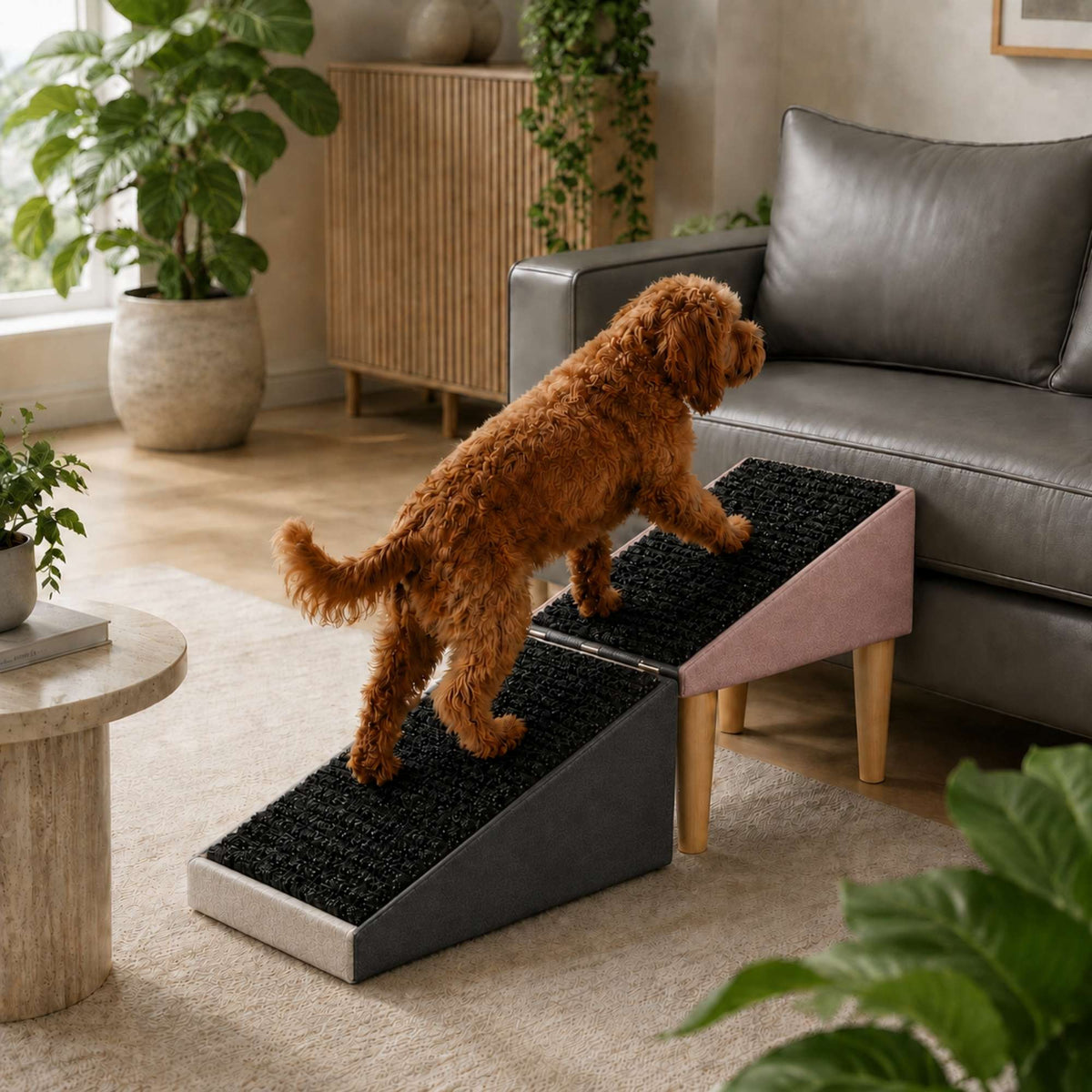 Foldable 2-in-1 Dog Ramp with Pouf Function – Soft, Non-Slip and Furniture-Inspired