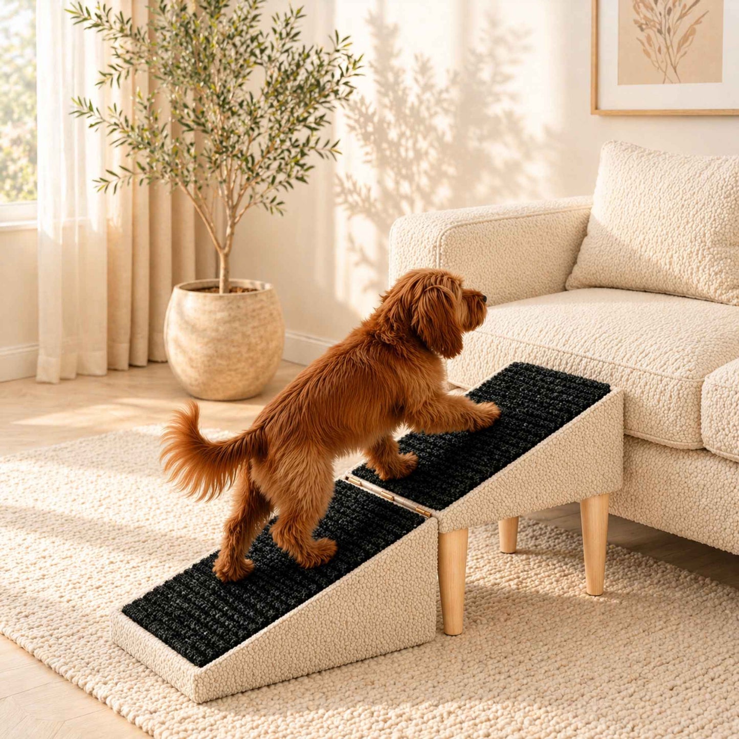 Foldable 2-in-1 Dog Ramp with Pouf Function – Soft, Non-Slip and Furniture-Inspired