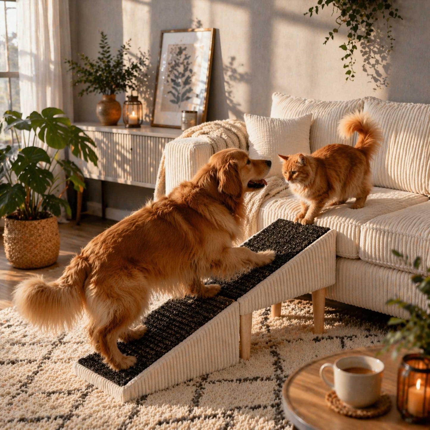 Foldable 2-in-1 Dog Ramp with Pouf Function – Soft, Non-Slip and Furniture-Inspired
