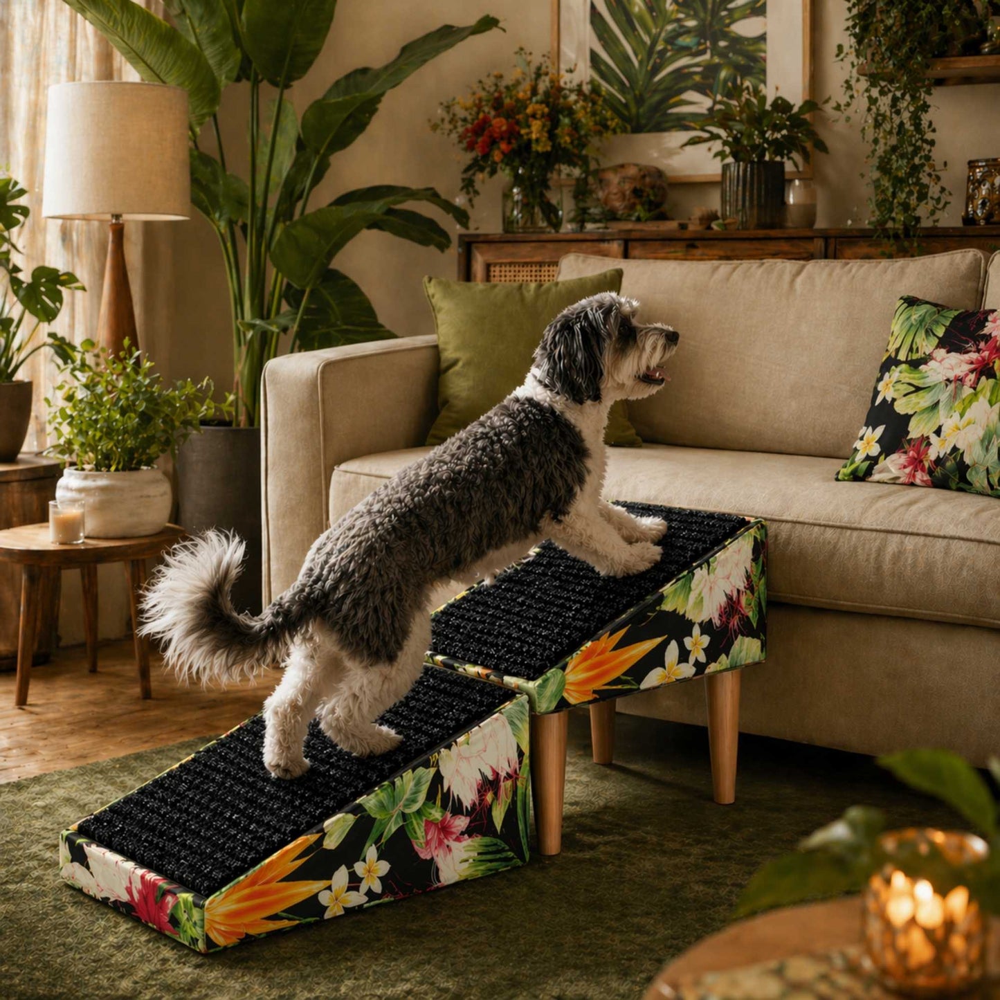 Foldable 2-in-1 Dog Ramp with Pouf Function – Soft, Non-Slip and Furniture-Inspired