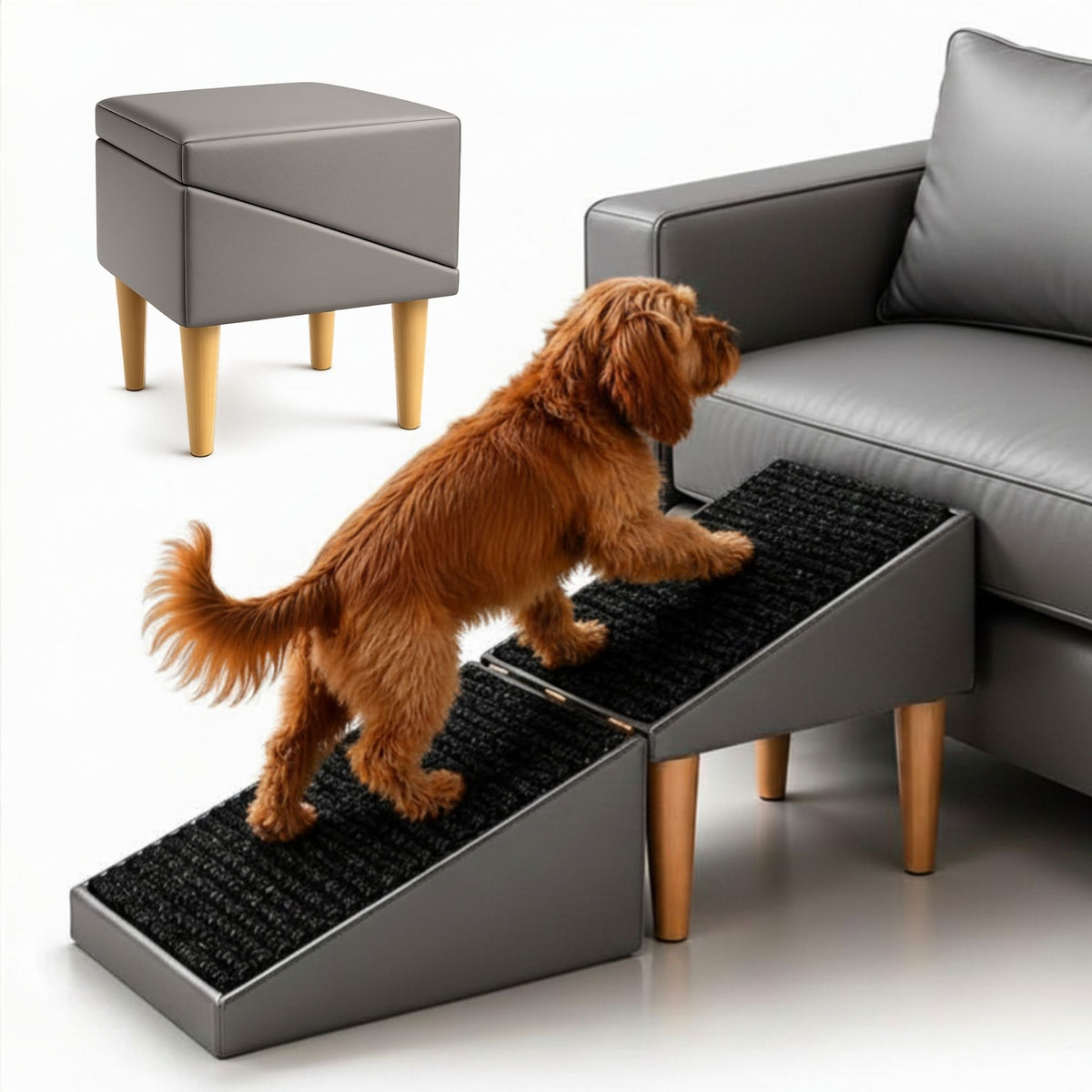 Foldable 2-in-1 Dog Ramp with Pouf Function – Soft, Non-Slip and Furniture-Inspired