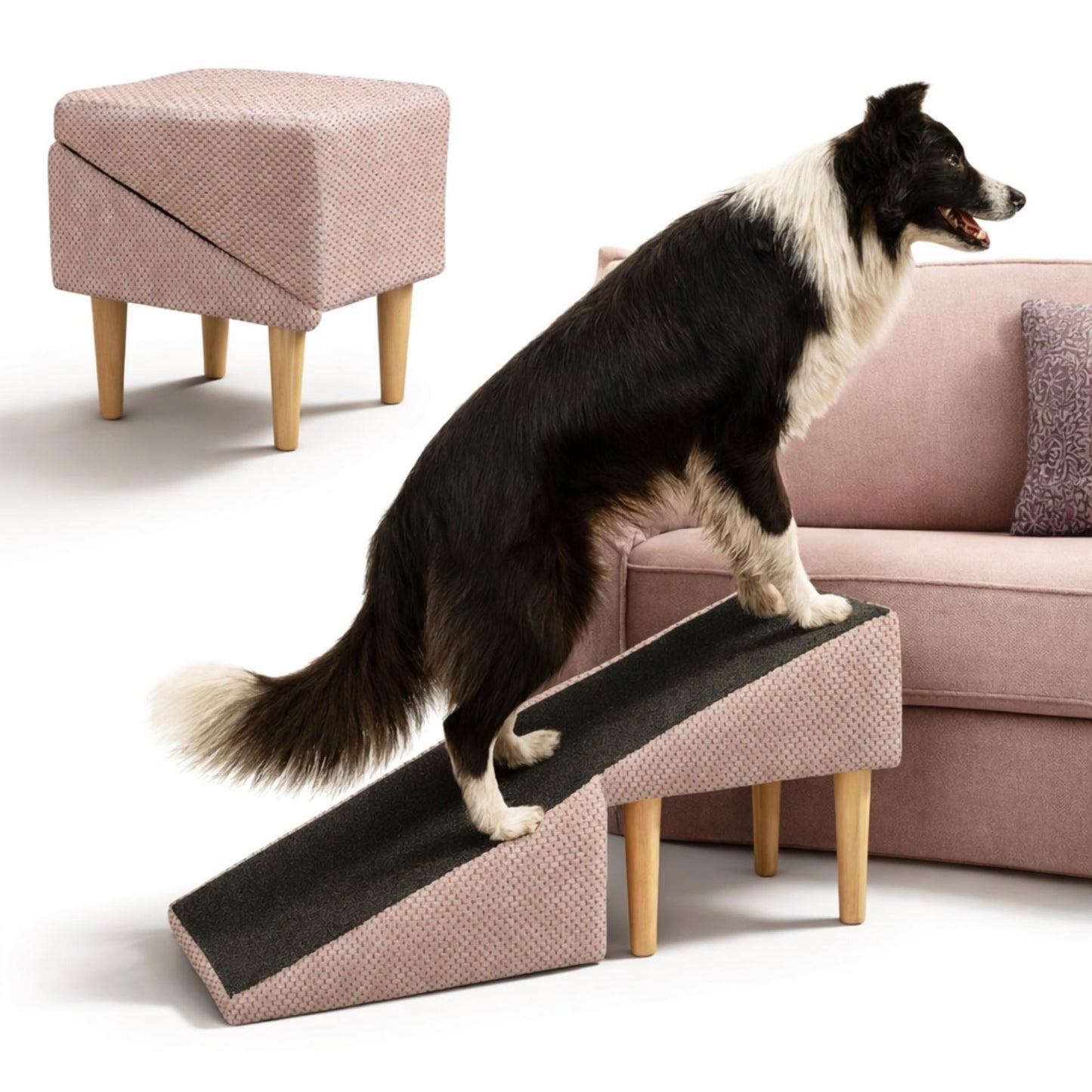Foldable 2-in-1 Dog Ramp with Pouf Function – Soft, Non-Slip and Furniture-Inspired