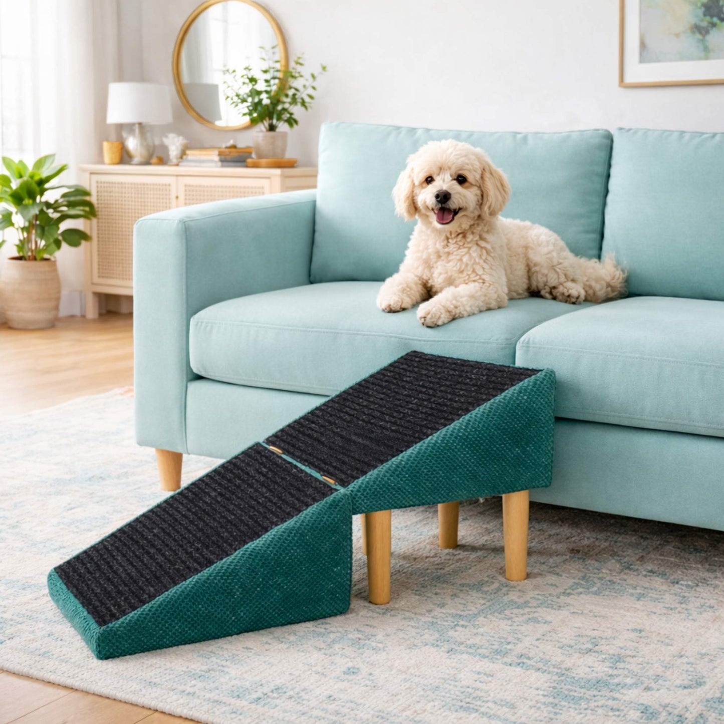 Foldable 2-in-1 Dog Ramp with Pouf Function – Soft, Non-Slip and Furniture-Inspired