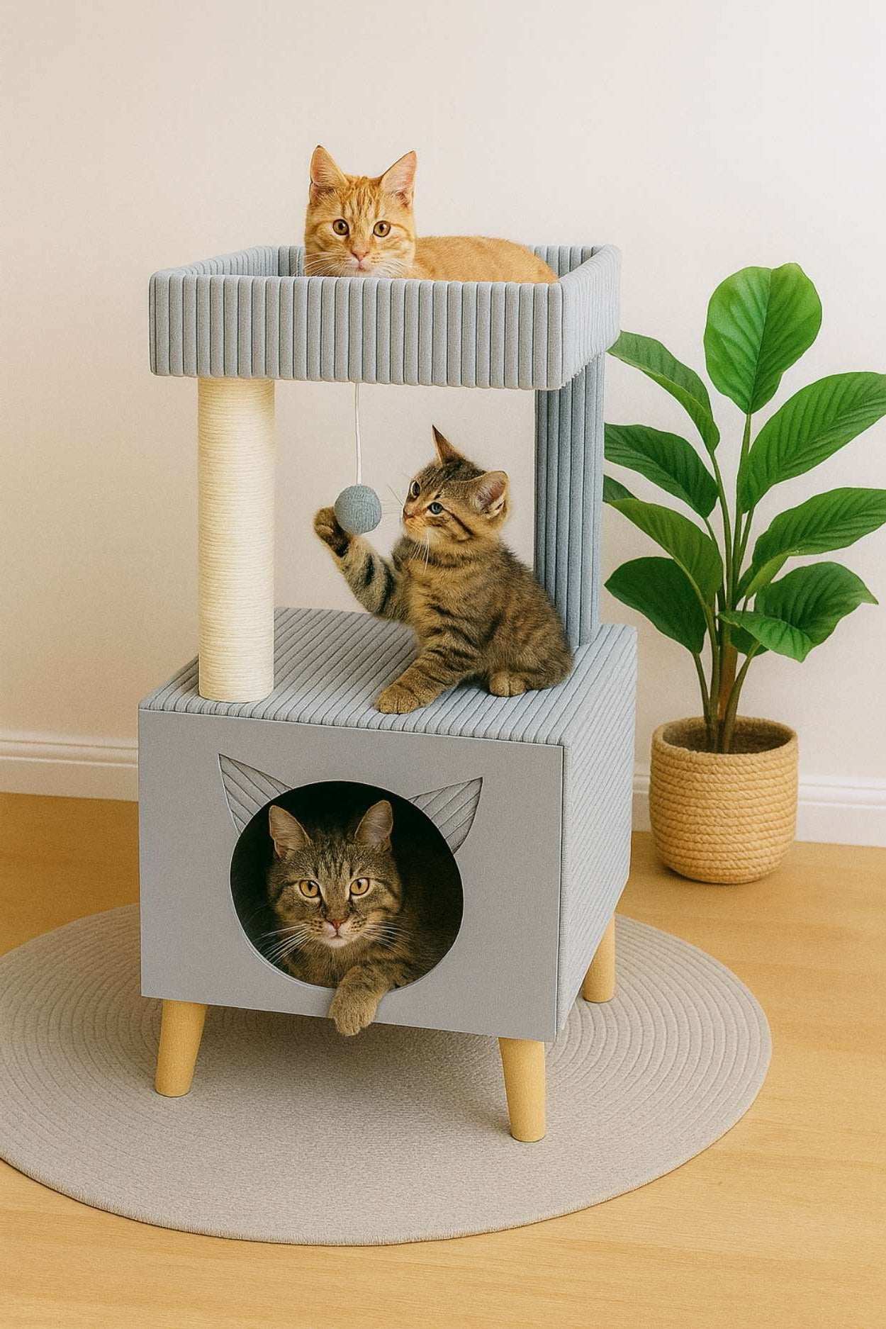 Premium Cat Tree with Cat Cave, Lounging Platform & Natural Sisal – Stable and Modern