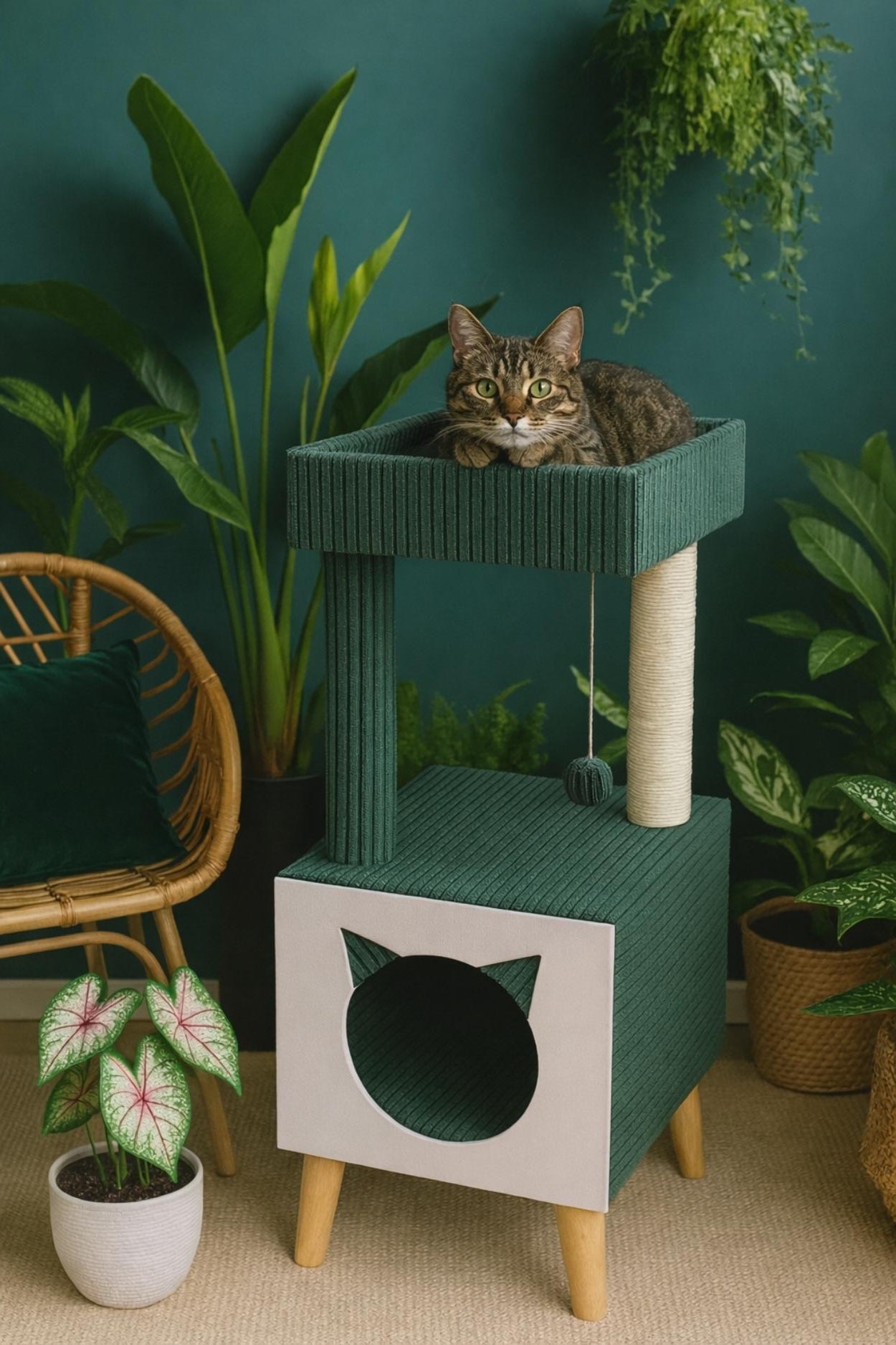 Premium Cat Tree with Cat Cave, Lounging Platform & Natural Sisal – Stable and Modern