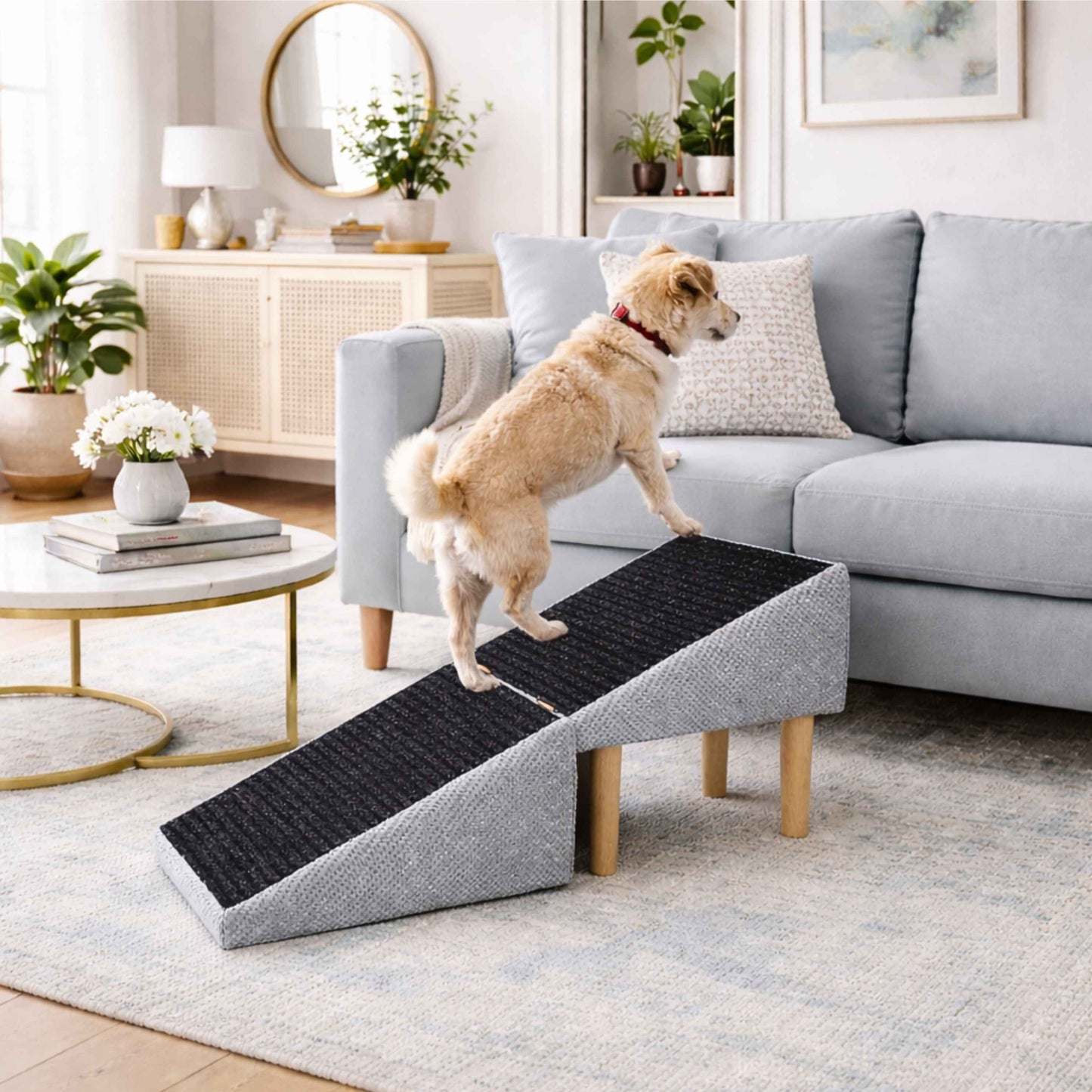 Foldable 2-in-1 Dog Ramp with Pouf Function – Soft, Non-Slip and Furniture-Inspired