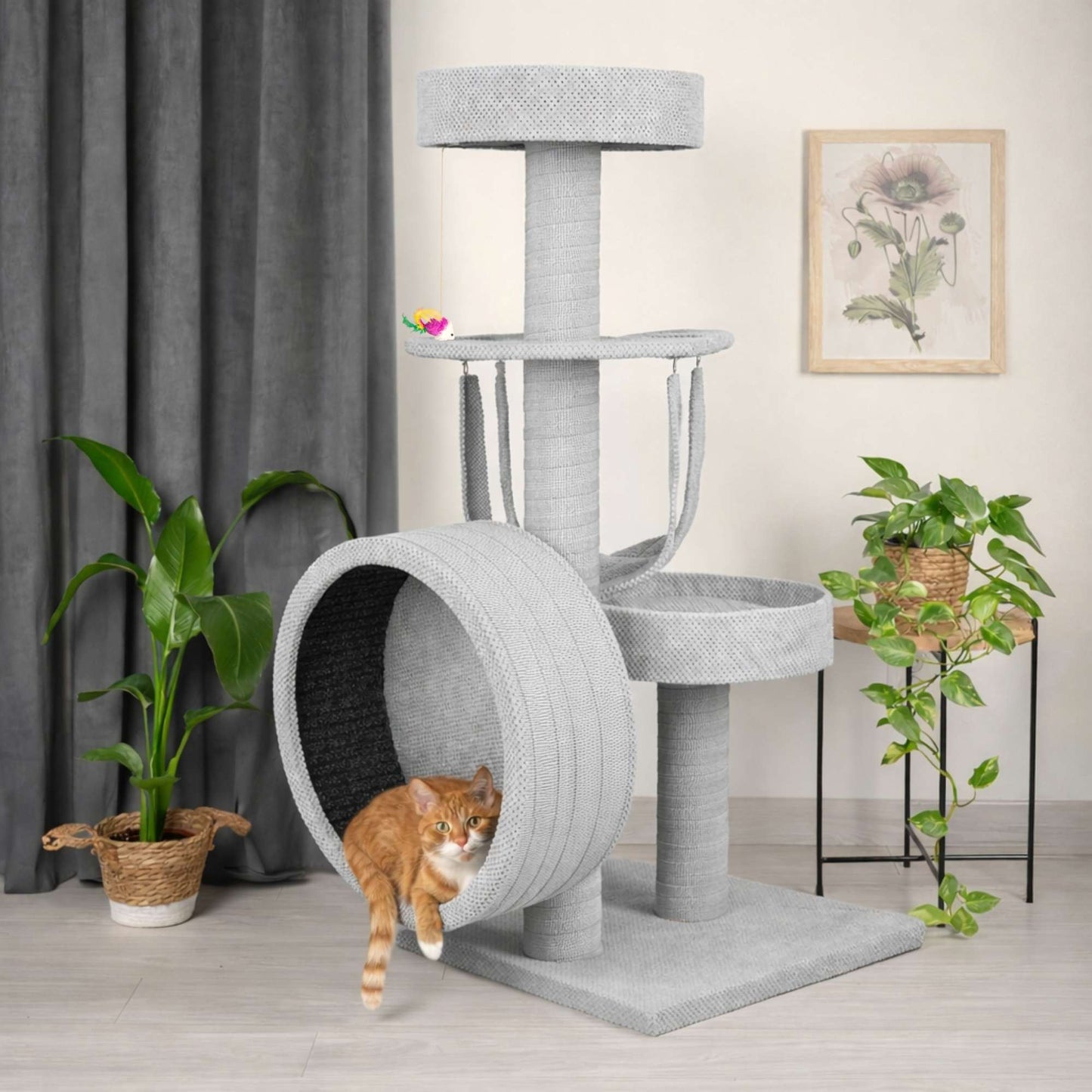 Cat Tree with Small Wooden Cat Exercise Wheel – Stable, Modern and Activity-Focused