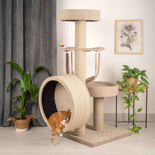 Cat Tree with Small Wooden Cat Exercise Wheel – Stable, Modern and Activity-Focused