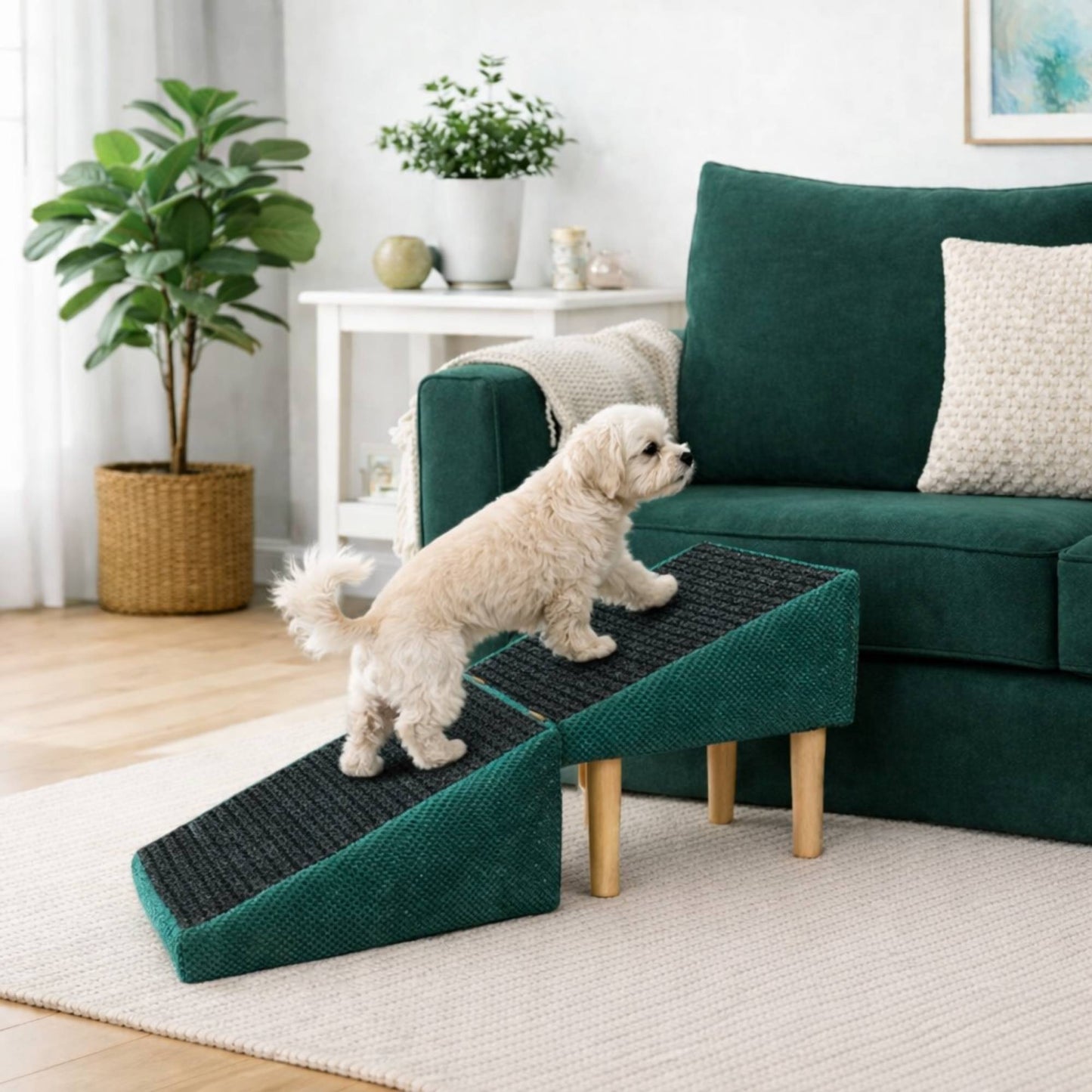 Foldable 2-in-1 Dog Ramp with Pouf Function – Soft, Non-Slip and Furniture-Inspired