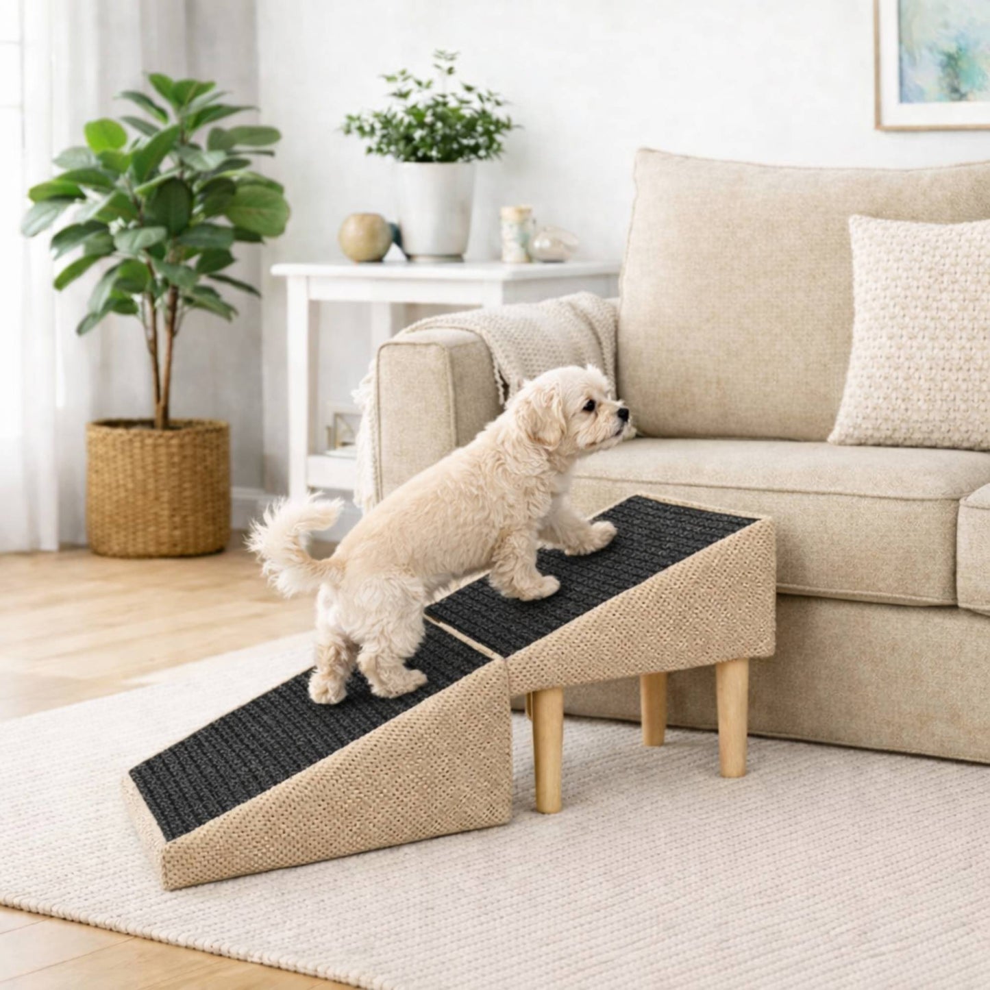 Foldable 2-in-1 Dog Ramp with Pouf Function – Soft, Non-Slip and Furniture-Inspired