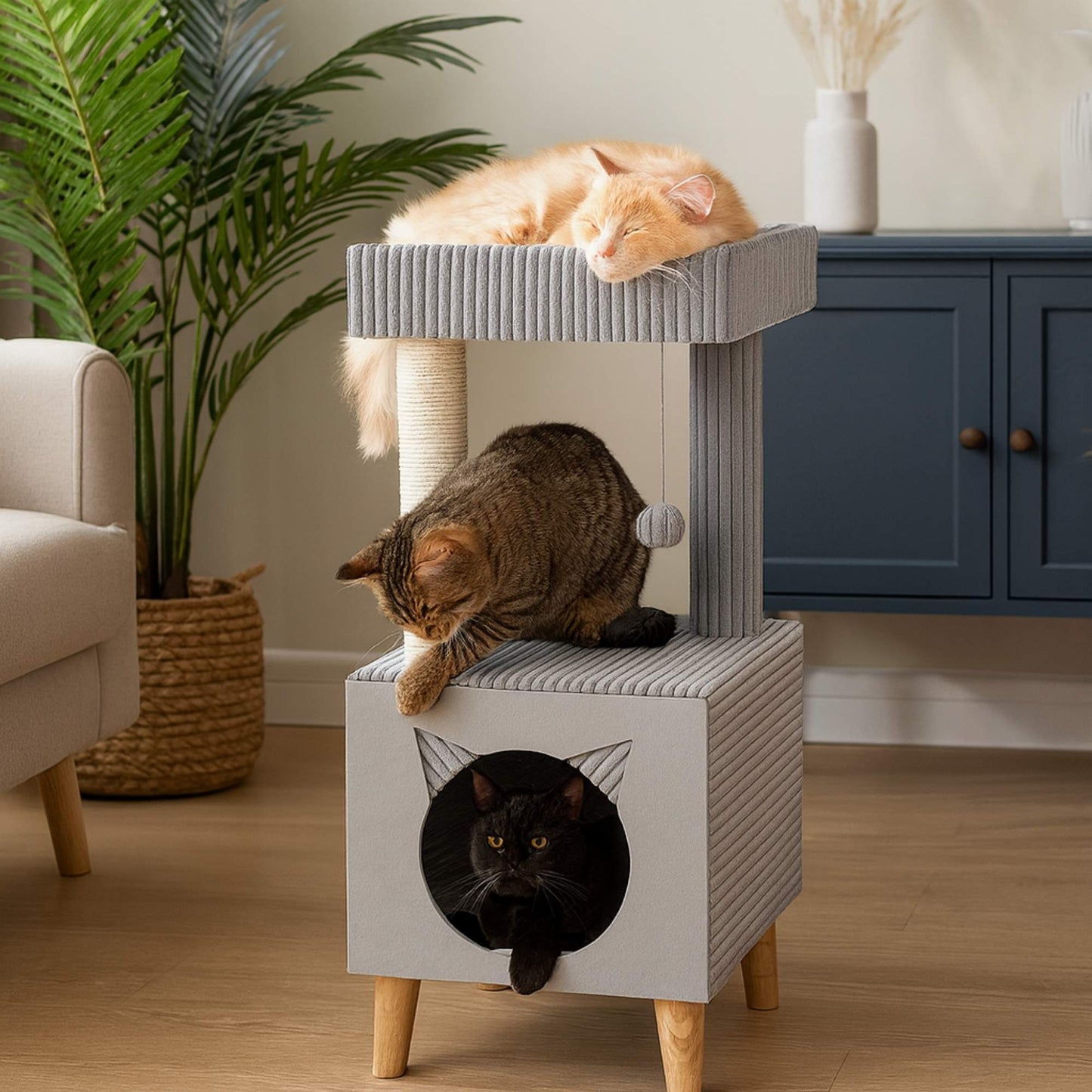 Premium Cat Tree with Cat Cave, Lounging Platform & Natural Sisal – Stable and Modern