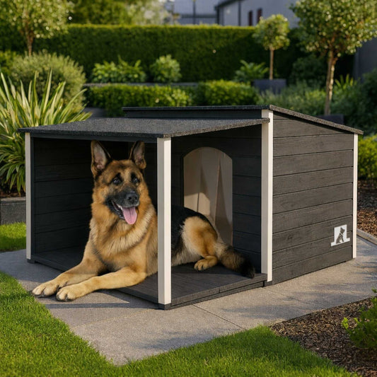 Isolierte XL-Hundehütte für draußen mit Flachdach & Terrasse