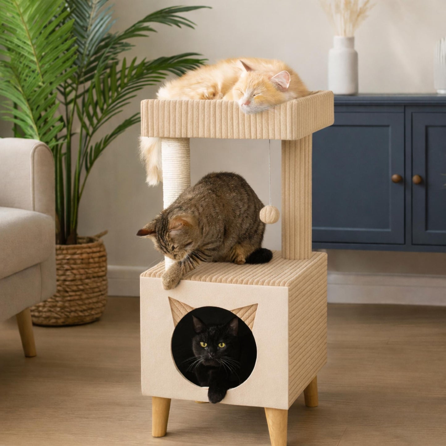 Premium Cat Tree with Cat Cave, Lounging Platform & Natural Sisal – Stable and Modern