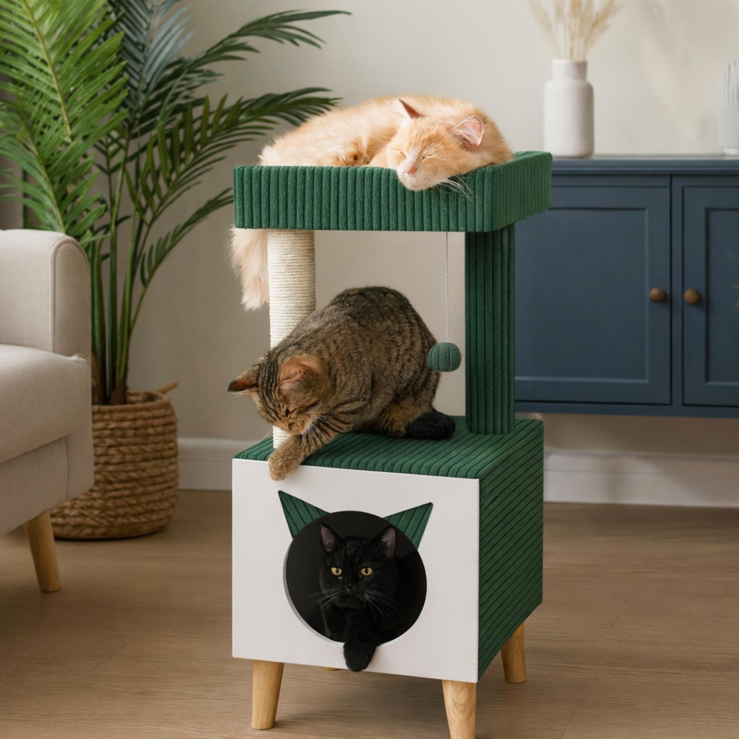 Premium Cat Tree with Cat Cave, Lounging Platform & Natural Sisal – Stable and Modern
