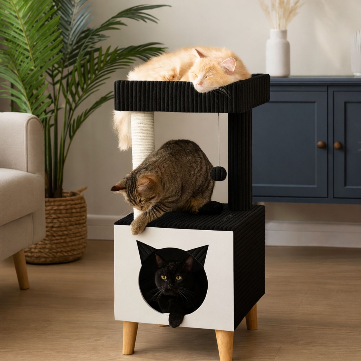 Premium Cat Tree with Cat Cave, Lounging Platform & Natural Sisal – Stable and Modern